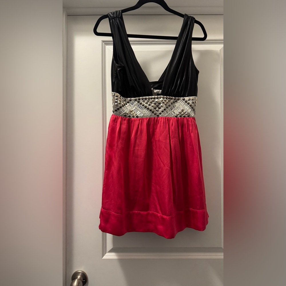 Bebe Red Embellished V-Neck Babydoll Dress
